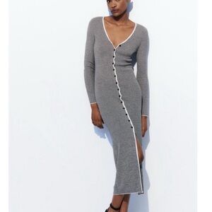 Zara Button-Down Knit Dress Small MIDI Body Con
